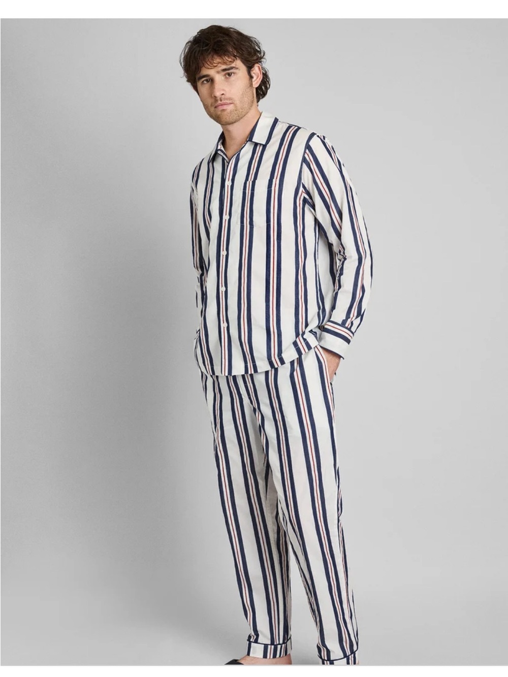 Sleepy Jones Men's Striped Pajama Set in Navy and White with Red Accents